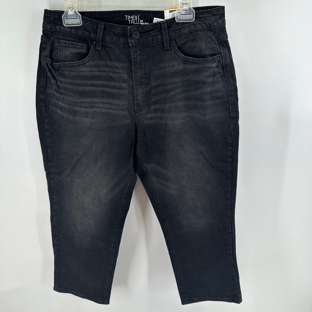 Time‎ and Tru Womens High Rise Straight Crop Jeans Black Faded Size 14 NWT